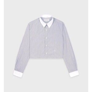 Sporty & Rich SRC Embroidered Stripe Cotton Crop Button Up Shirt Quiet Luxury L